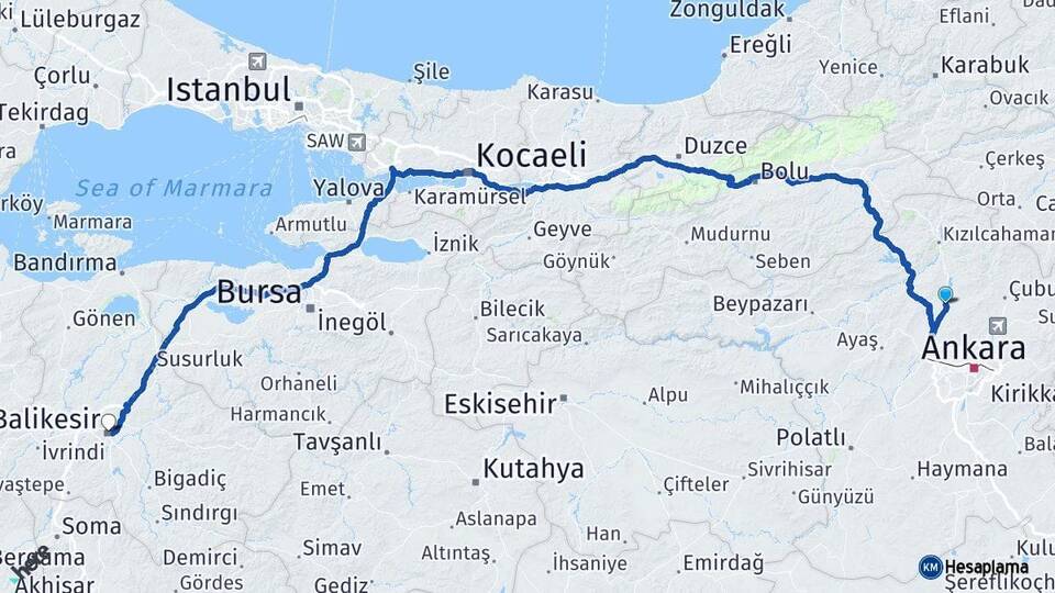 Ankara Kahramankazan Balıkesir Arası Kaç Km - Yol Haritası