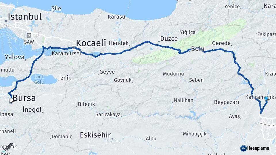 Ankara Kahramankazan Bursa Arası Kaç Km - Yol Haritası
