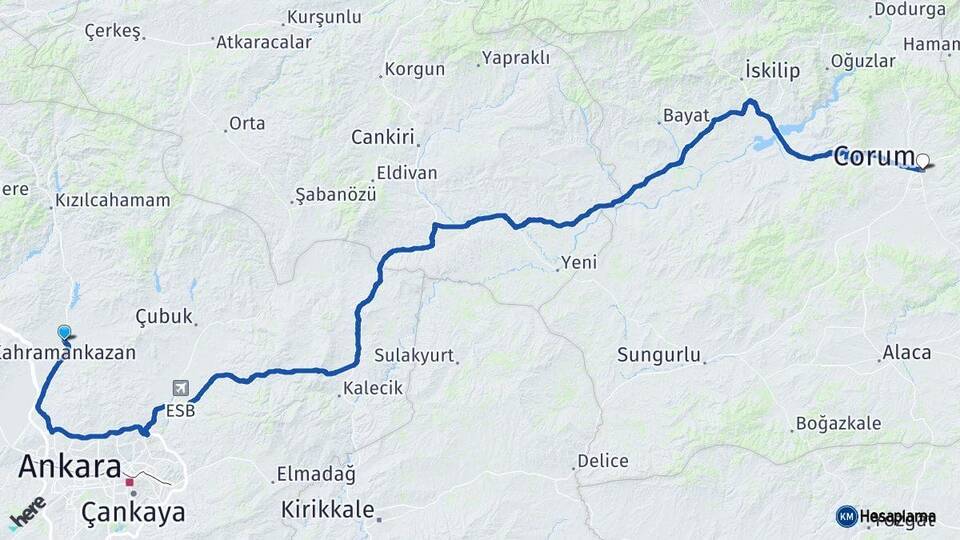 Ankara Kahramankazan Çorum Arası Kaç Km - Yol Haritası