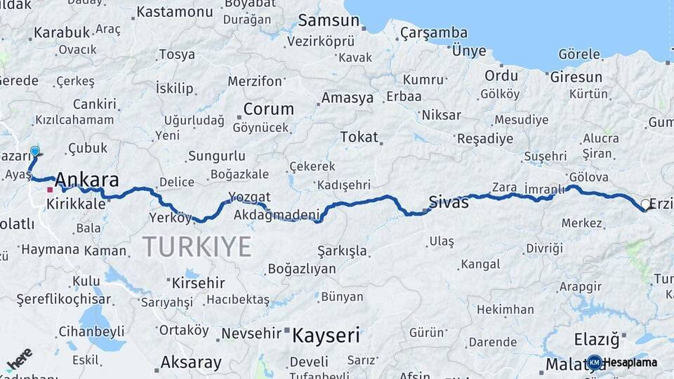 Ankara Kahramankazan Erzincan Arası Kaç Km - Yol Haritası