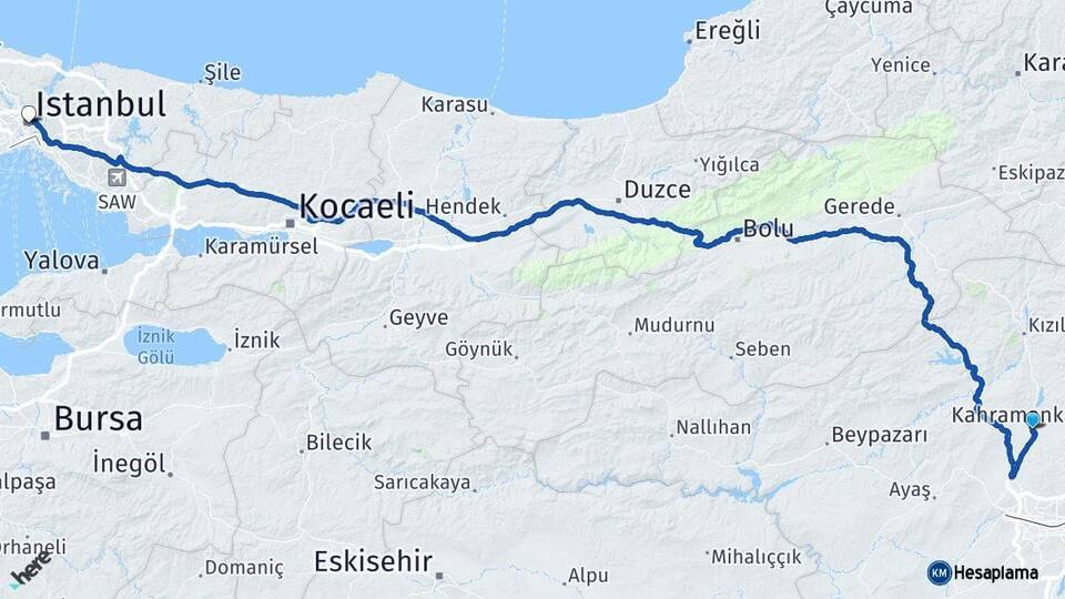 Ankara Kahramankazan İstanbul Arası Kaç Km - Yol Haritası
