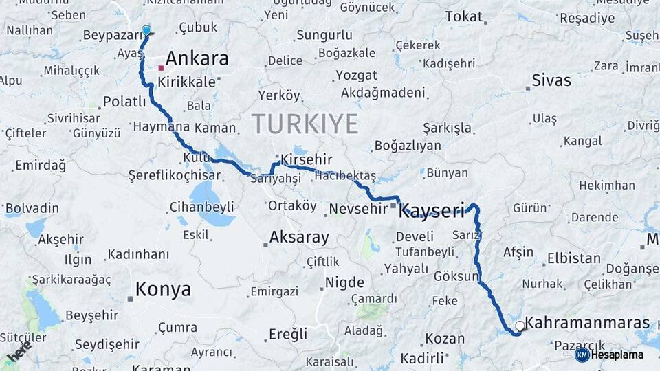 Ankara Kahramankazan Kahramanmaraş Arası Kaç Km - Yol Haritası