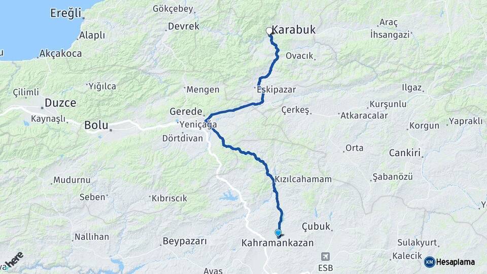Ankara Kahramankazan Karabük Arası Kaç Km - Yol Haritası