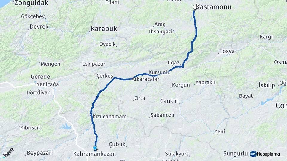 Ankara Kahramankazan Kastamonu Arası Kaç Km - Yol Haritası