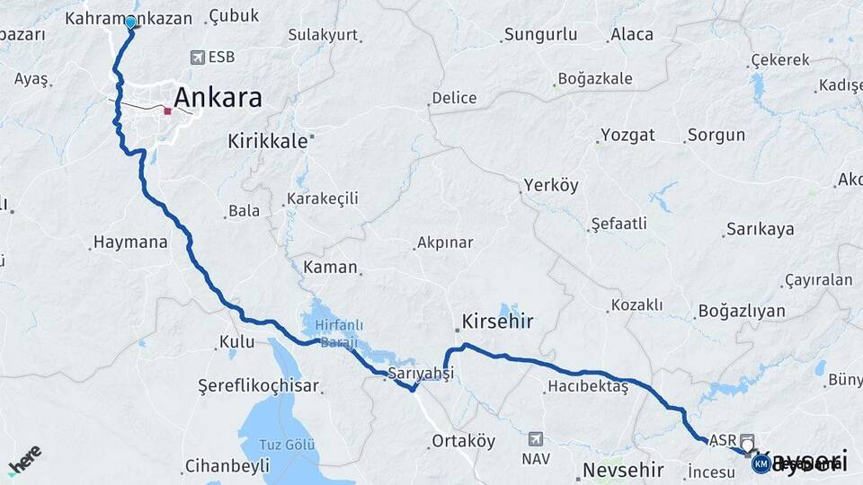 Ankara Kahramankazan Kayseri Arası Kaç Km - Yol Haritası