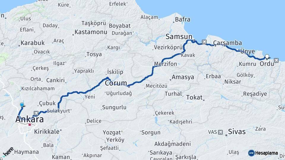 Ankara Kahramankazan Ordu Arası Kaç Km - Yol Haritası