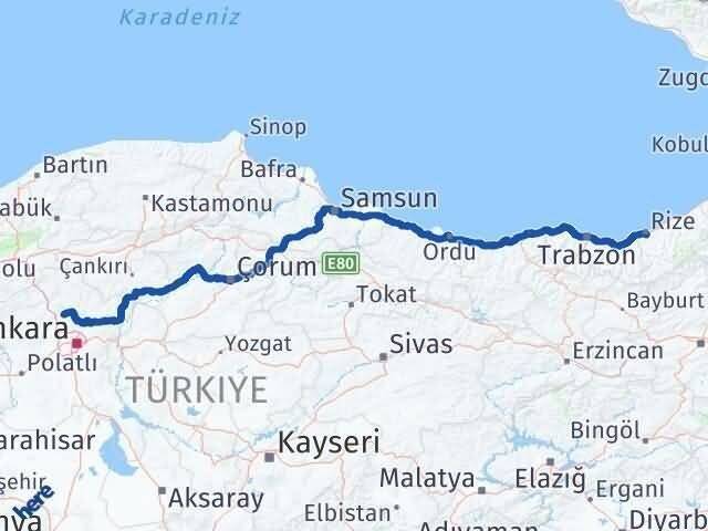 Ankara Kahramankazan Rize Arası Kaç Km - Yol Haritası