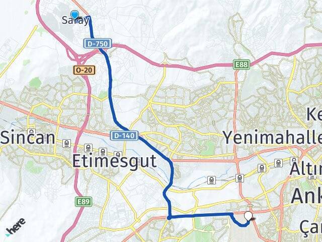 Saray Orta Doğu Teknik Üniversitesi (ODTÜ) Arası Kaç Km - Yol Tarifi