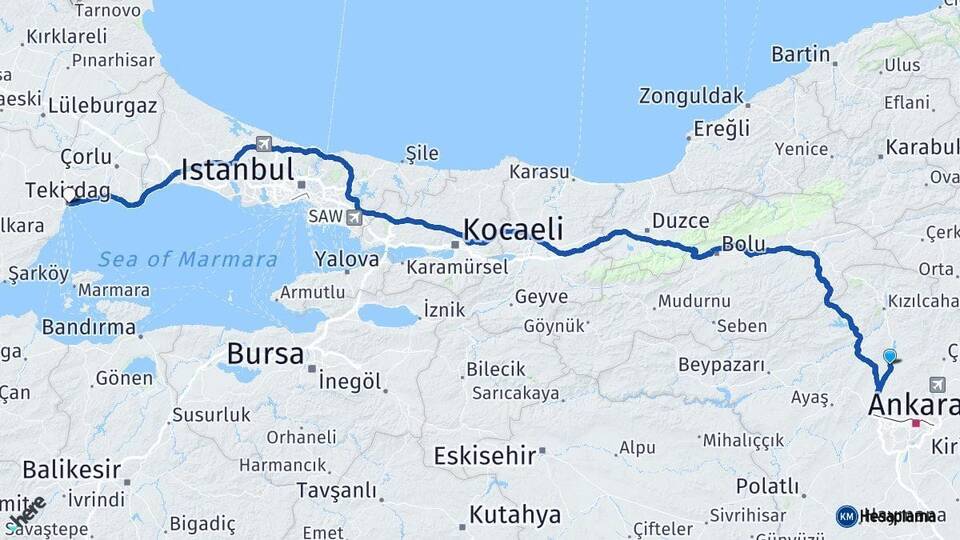 Ankara Kahramankazan Tekirdağ Arası Kaç Km - Yol Haritası