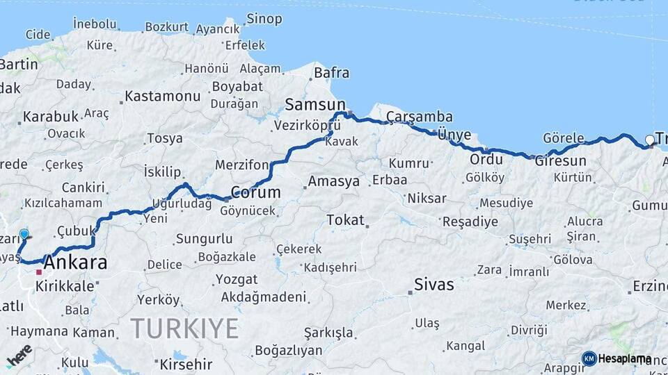 Ankara Kahramankazan Trabzon Arası Kaç Km - Yol Haritası