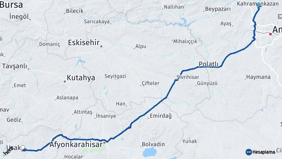 Ankara Kahramankazan Uşak Arası Kaç Km - Yol Haritası