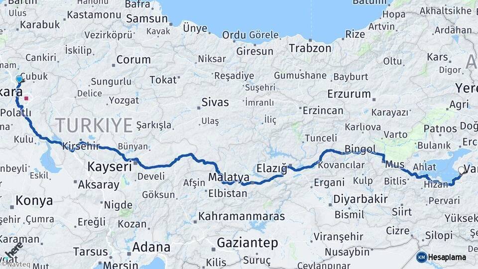Ankara Kahramankazan Van Arası Kaç Km - Yol Haritası