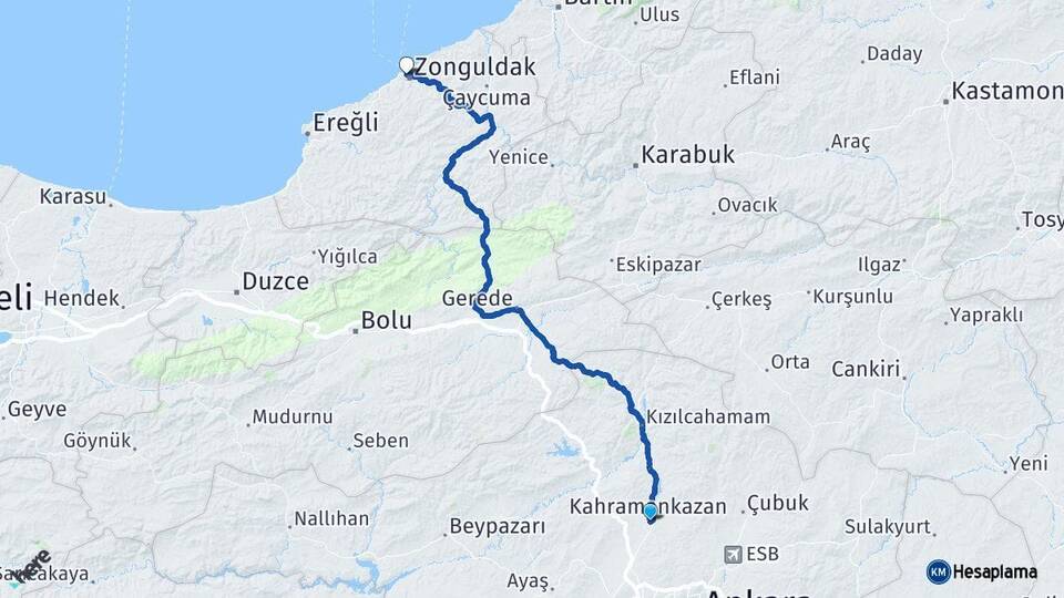 Ankara Kahramankazan Zonguldak Arası Kaç Km - Yol Haritası