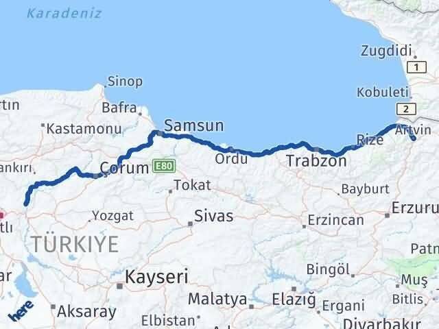 Ankara Kalecik Artvin Arası Kaç Km - Yol Haritası