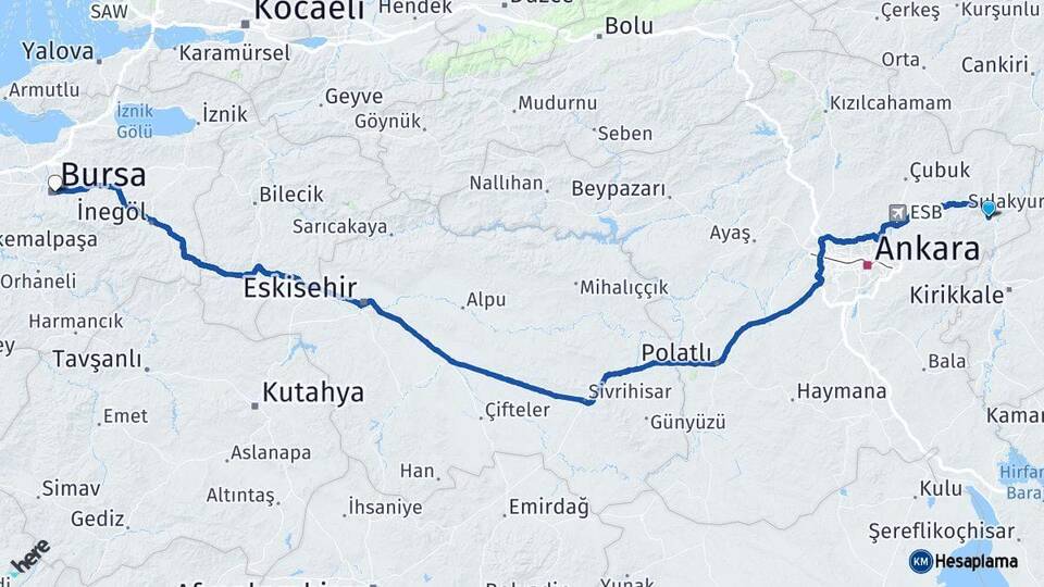 Ankara Kalecik Bursa Arası Kaç Km - Yol Haritası
