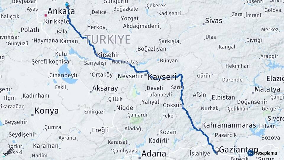 Ankara Kalecik Gaziantep Arası Kaç Km - Yol Haritası