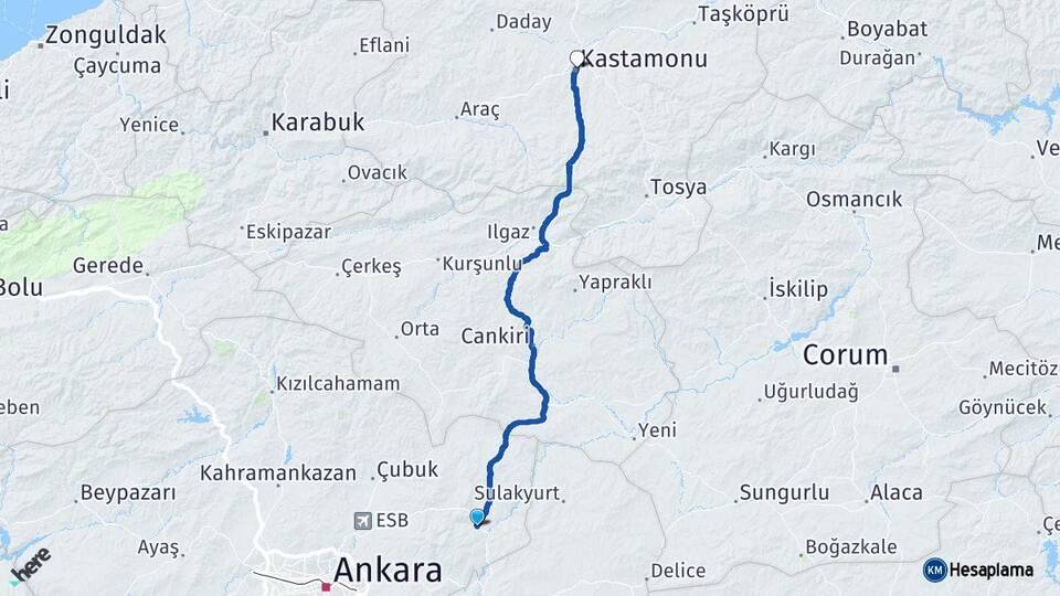 Ankara Kalecik Kastamonu Arası Kaç Km - Yol Haritası