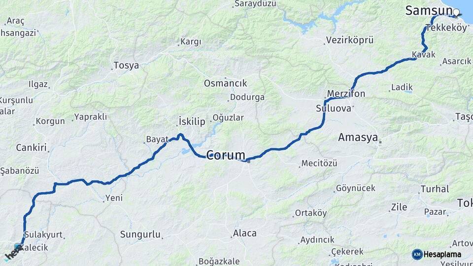 Ankara Kalecik Samsun Arası Kaç Km - Yol Haritası