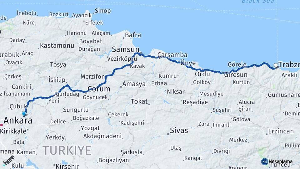 Ankara Kalecik Trabzon Arası Kaç Km - Yol Haritası