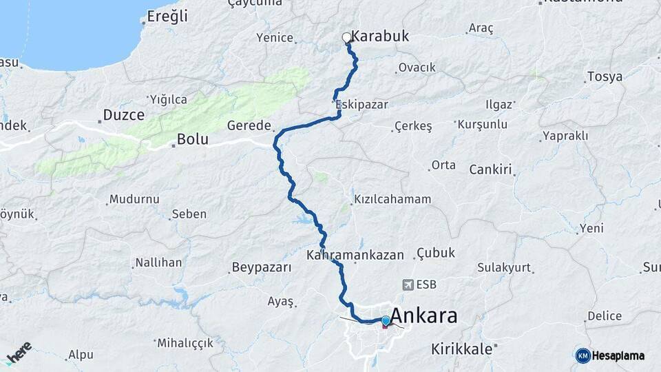 Ankara Karabük Arası Kaç Km - Yol Haritası