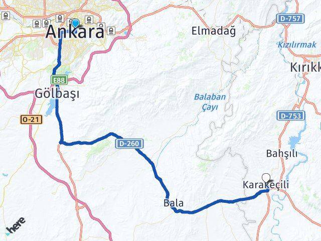Ankara Karakeçili Kırıkkale Arası Kaç Km - Yol Haritası