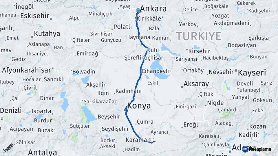 Ankara Karaman Arası Kaç Km - Yol Haritası