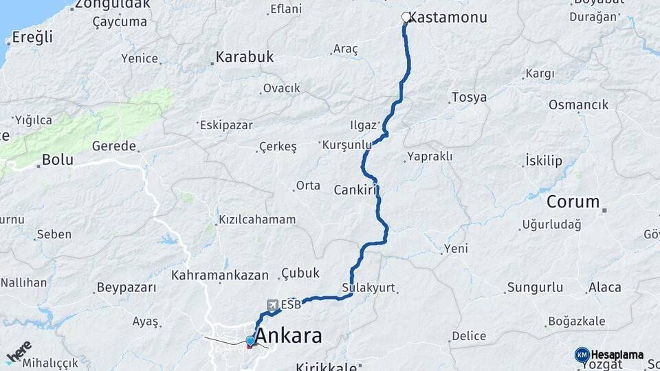 Ankara Kastamonu Arası Kaç Km - Yol Haritası