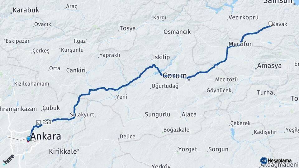 Ankara Kavak Samsun Arası Kaç Km - Yol Haritası
