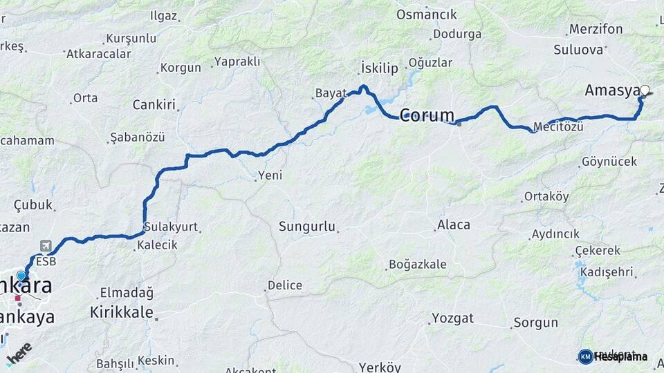 Ankara Keçiören Amasya Arası Kaç Km - Yol Haritası