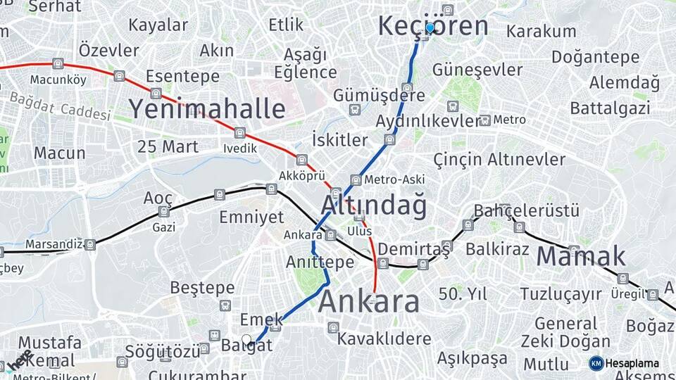 Ankara Keçiören Balgat Çankaya Arası Kaç Km - Yol Haritası