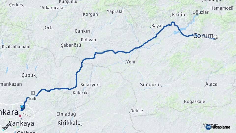 Ankara Keçiören Çorum Arası Kaç Km - Yol Haritası