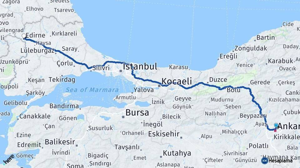 Ankara Keçiören Edirne Arası Kaç Km - Yol Haritası