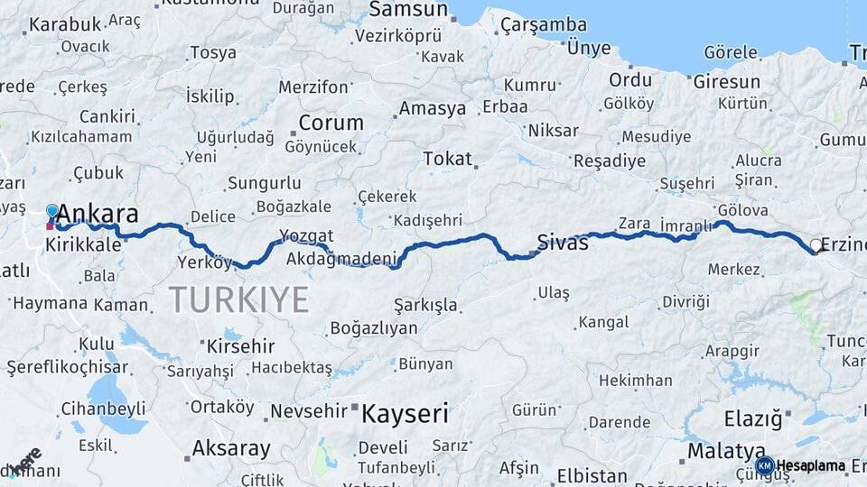 Ankara Keçiören Erzincan Arası Kaç Km - Yol Haritası
