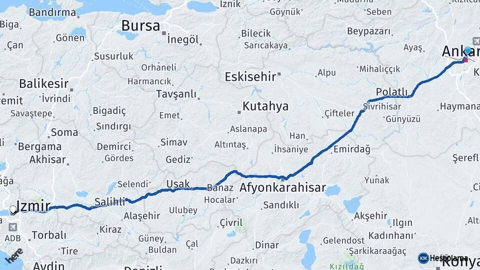 Ankara Keçiören İzmir Arası Kaç Km - Yol Haritası