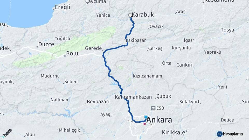 Ankara Keçiören Karabük Arası Kaç Km - Yol Haritası