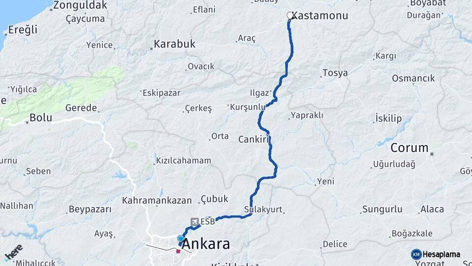 Ankara Keçiören Kastamonu Arası Kaç Km - Yol Haritası
