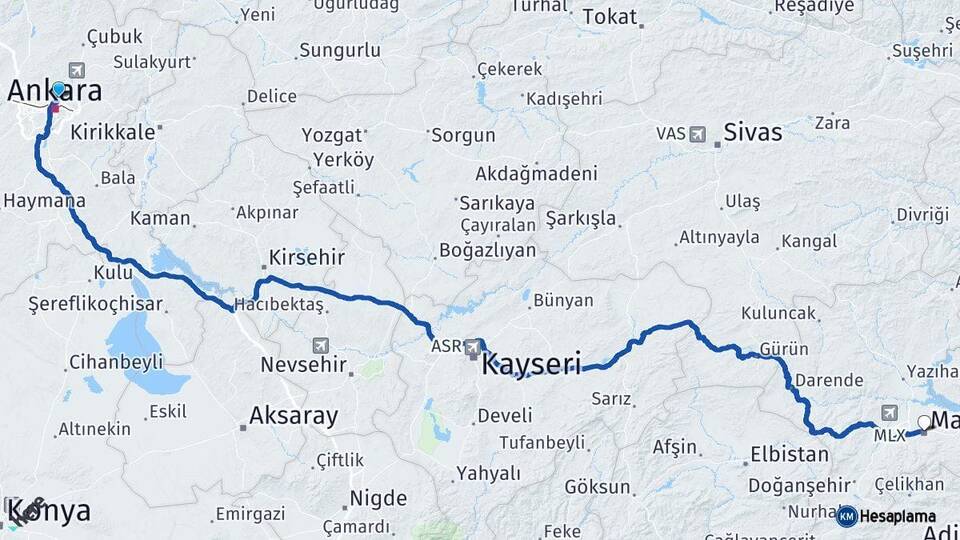Ankara Keçiören Malatya Arası Kaç Km - Yol Haritası