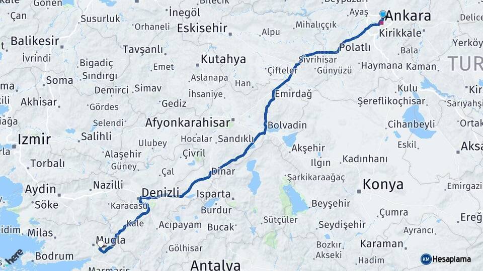 Ankara Keçiören Muğla Arası Kaç Km - Yol Haritası