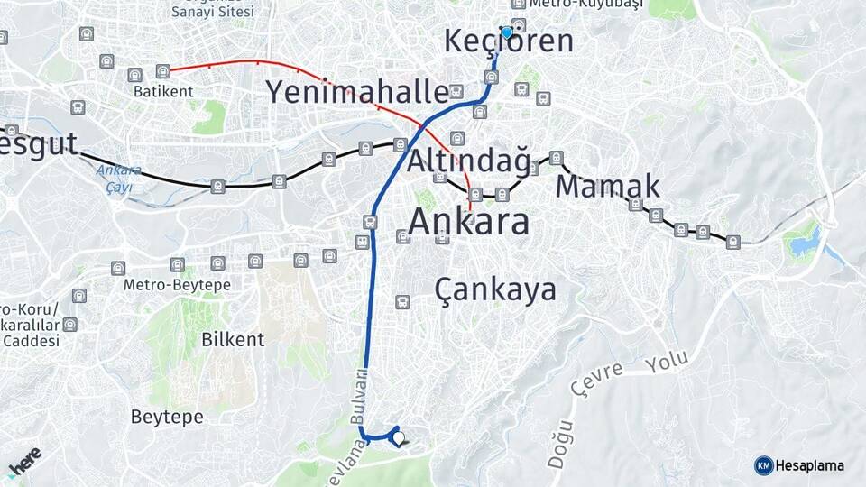 Ankara Keçiören Oran Çankaya Arası Kaç Km - Yol Haritası