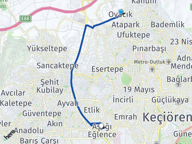 Ankara Keçiören Ovacık Aşağı Eğlence Keçiören Arası Kaç Km - Yol Haritası