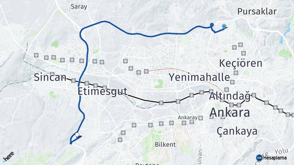 Ankara Keçiören Ovacık Bağlıca Etimesgut Arası Kaç Km - Yol Haritası