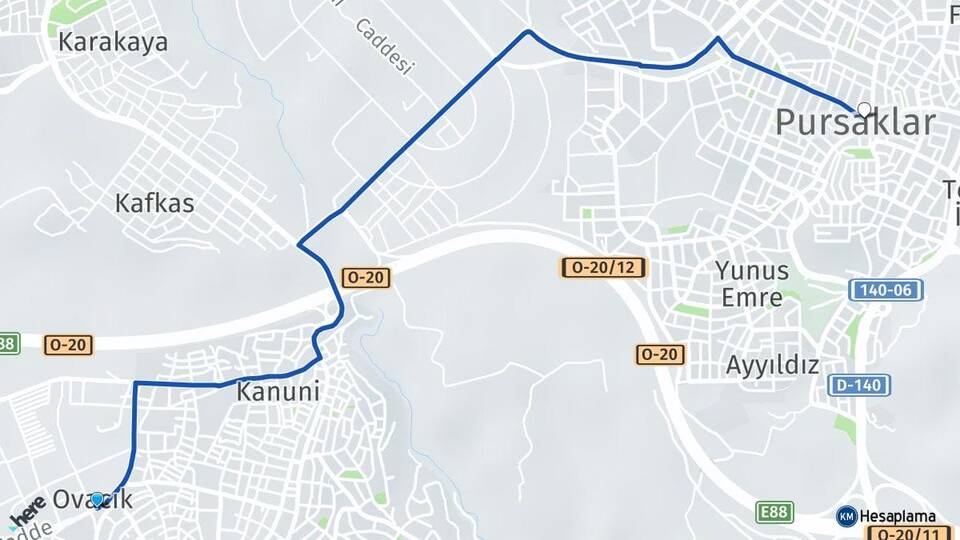 Ankara Keçiören Ovacık Pursaklar Arası Kaç Km - Yol Haritası