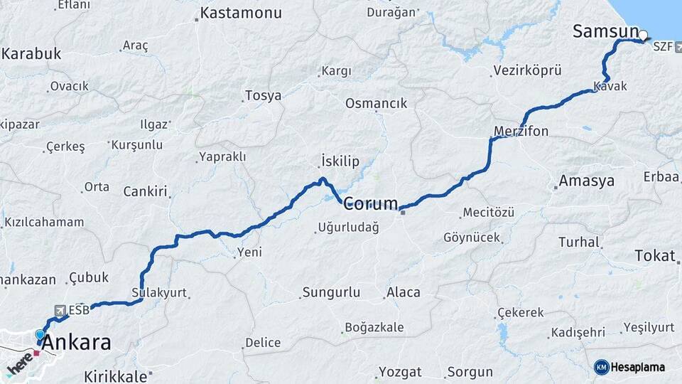 Ankara Keçiören Samsun Arası Kaç Km - Yol Haritası