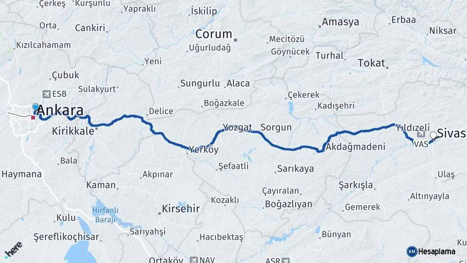 Ankara Keçiören Sivas Arası Kaç Km - Yol Haritası