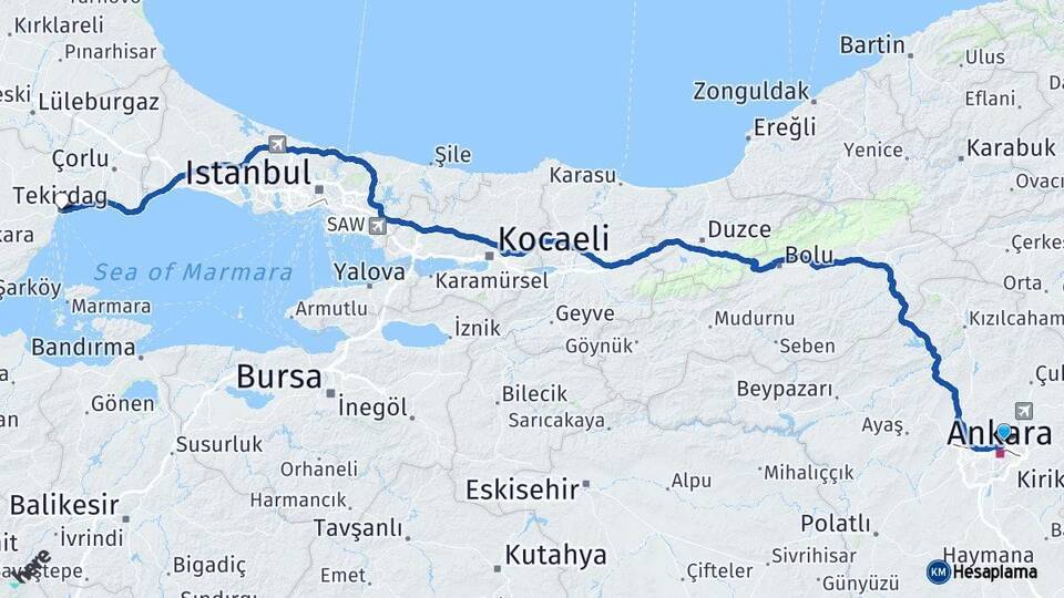 Ankara Keçiören Tekirdağ Arası Kaç Km - Yol Haritası