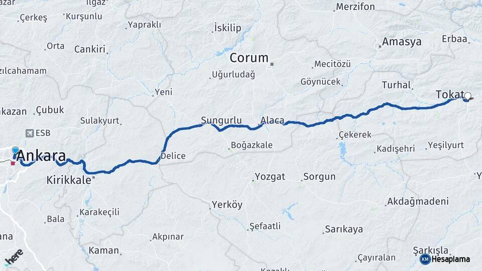 Ankara Keçiören Tokat Arası Kaç Km - Yol Haritası