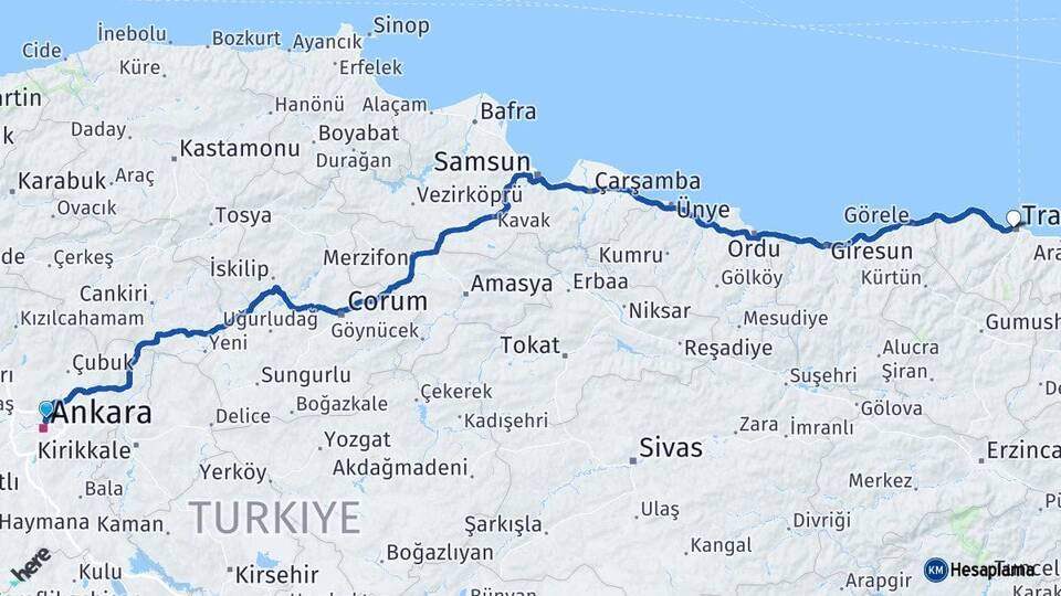 Ankara Keçiören Trabzon Arası Kaç Km - Yol Haritası