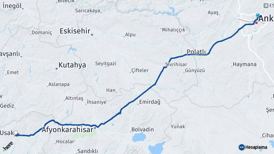 Ankara Keçiören Uşak Arası Kaç Km - Yol Haritası