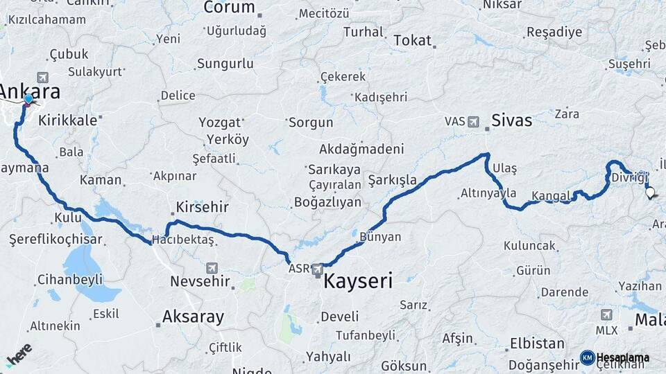 Ankara Kemaliye Erzincan Arası Kaç Km - Yol Haritası