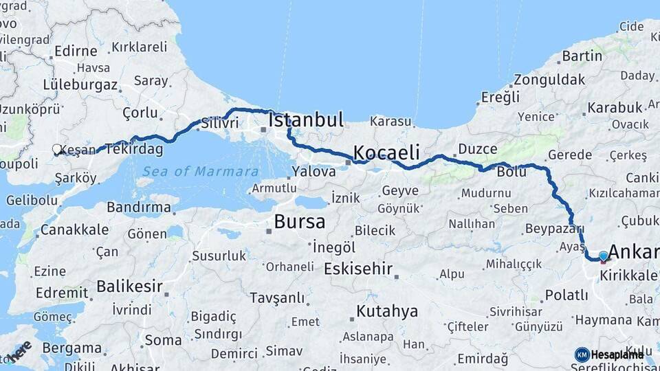 Ankara Keşan Edirne Arası Kaç Km - Yol Haritası